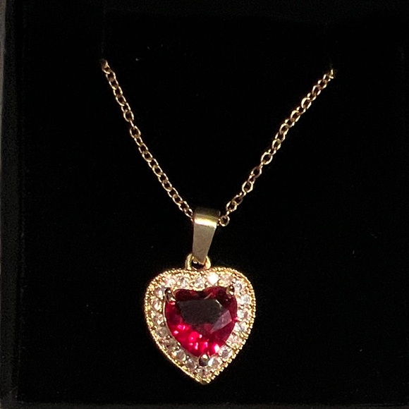 Jewelry - Fashion Gold Stainless steel Heart Pendant Necklace with Red Stone